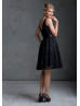 Black Lace V Back Short Bridesmaid Dress